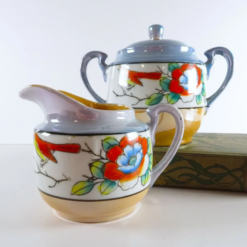 Antique Nippon Japan Cream and Lidded Sugar Set Floral and Bird Luster Finish